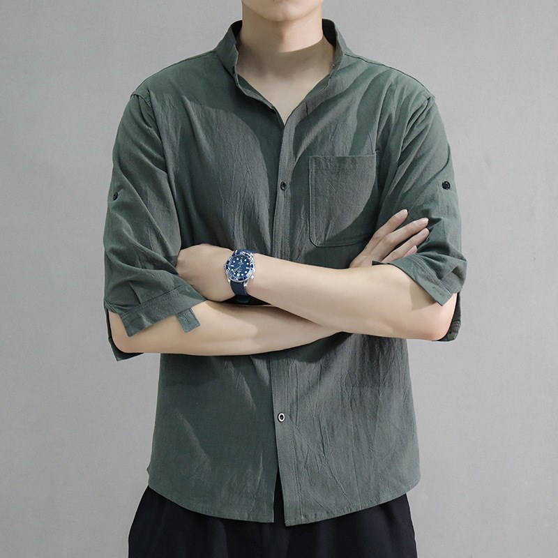 Summer 2025 Stand Collar Mens Shirt Linen Cotton MidSleeve R