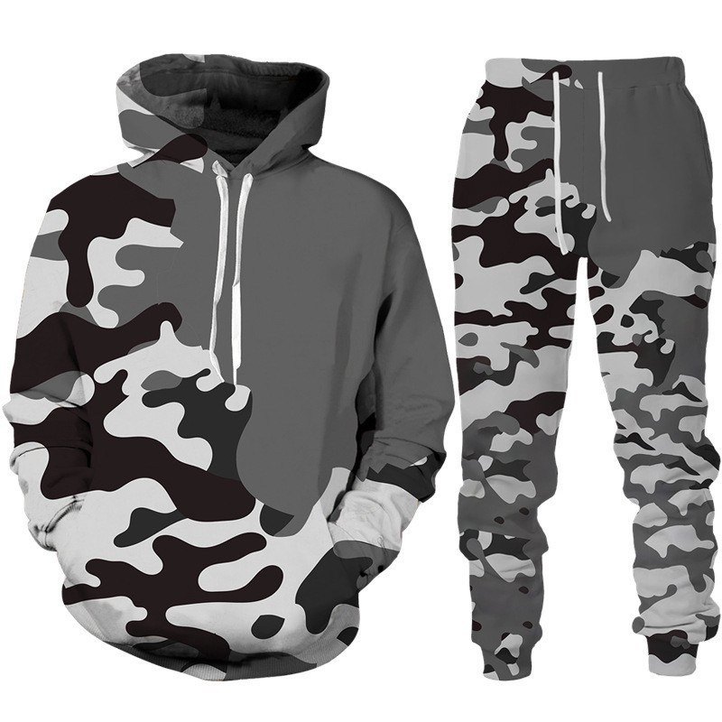 Camouflage 3D Digital Print Hooded Sweatshirt TwoPiece Set f