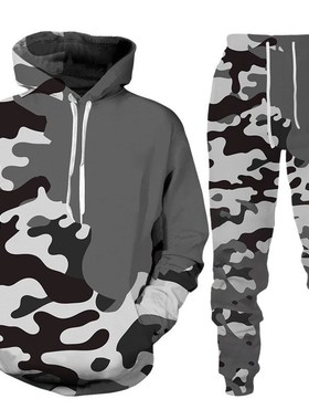 Camouflage 3D Digital Print Hooded Sweatshirt TwoPiece Set f