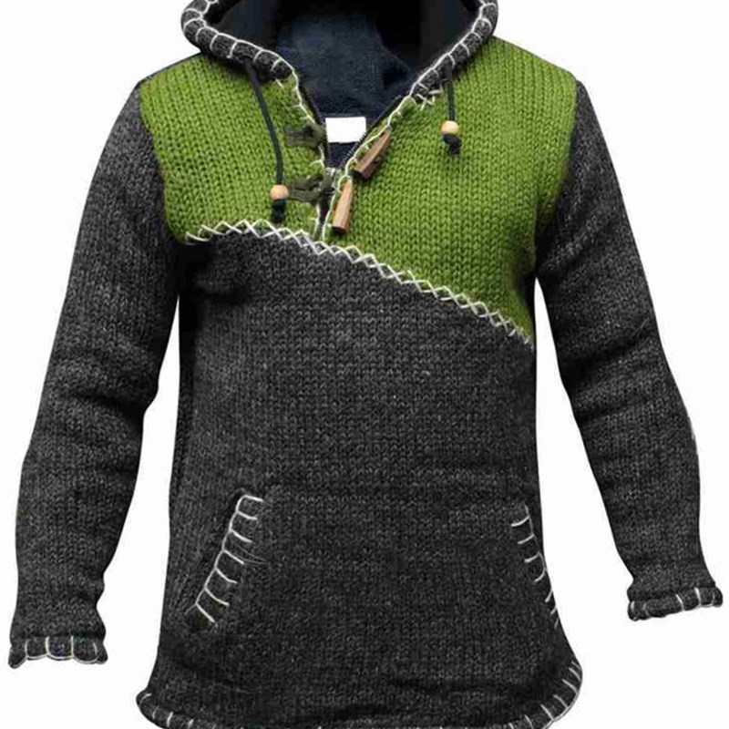 Mens Casual Patchwork Sweater Long Sleeve Knit Hoodie Sweate