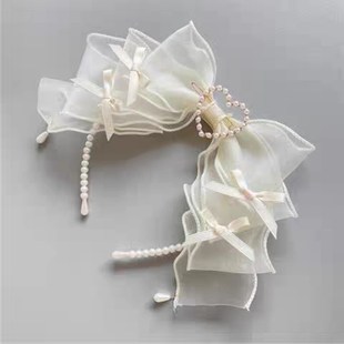 Headband Pearl Heart Ruffled Fairy Bow Lolita Large Silk
