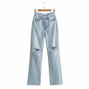 Denim Long Holes Waist Ripped Knee Slimming with High Pants