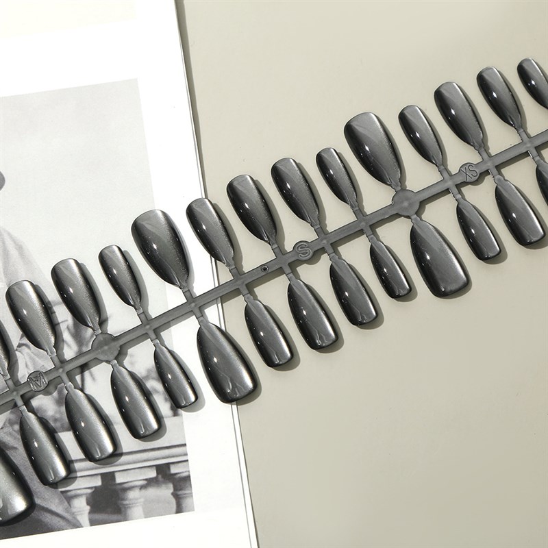 Black Cat Eye Presson Nails with Pearl Glass Beads Almond Ca