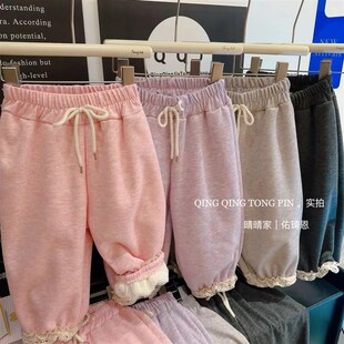 Winter Girls Solid Color Frilled Velvet Sweatpants Warm for