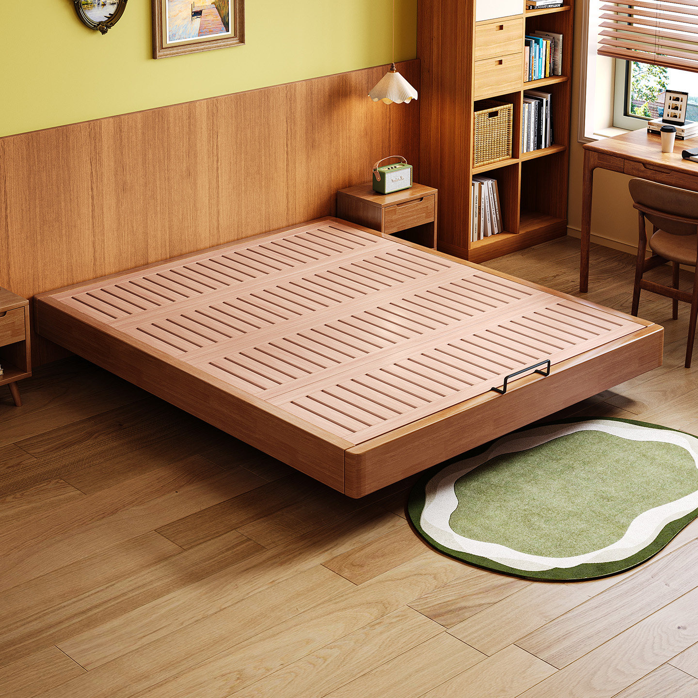 纯实木榉木无床头床网红齐边床中古风榻榻米悬空排骨架床架可定制