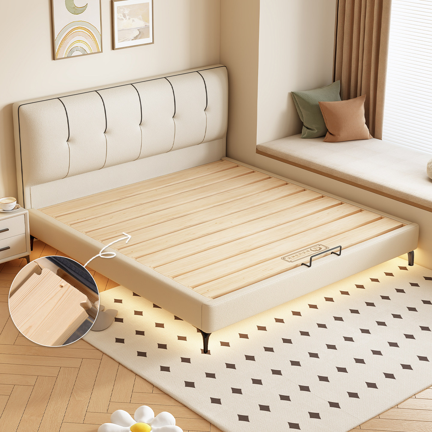 纯实木榫卯床小户型齐边薄床头静音互不干扰可定制加厚排骨架床架