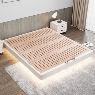 纯实木榉木无床头床网红齐边床奶油风榻榻米悬空排骨架床架可定制