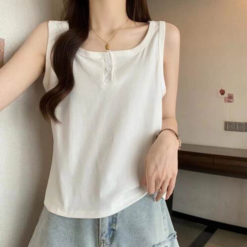 夏季钮扣宽松吊带背心女新款大尺码遮肚外穿内搭打底无袖0407z
