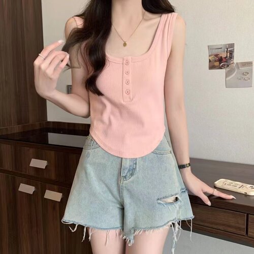 夏季钮扣吊带背心女新款大尺码修身外穿内搭打底无袖上衣0407z