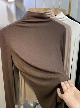 2026新款春秋半高领长袖T恤打底衫女螺纹大码百搭修身内搭0111r