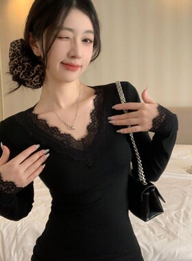 棉蕾丝v领长袖打底衫女春季新款大码胖mm修身内搭外穿T恤0111r1