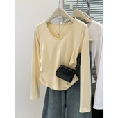 显瘦打底衫 春款 内搭0201z 大码 胖mm褶皱收腰修身 V领长袖 T恤女季