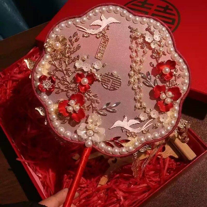 新娘团扇结婚中式豪华成品婚扇材料包缠花秀禾服闺蜜结婚礼物红色