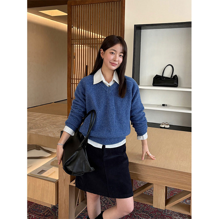 法国gentle motto 全羊毛高级简约套头v领宽松显瘦针织毛衣女秋冬