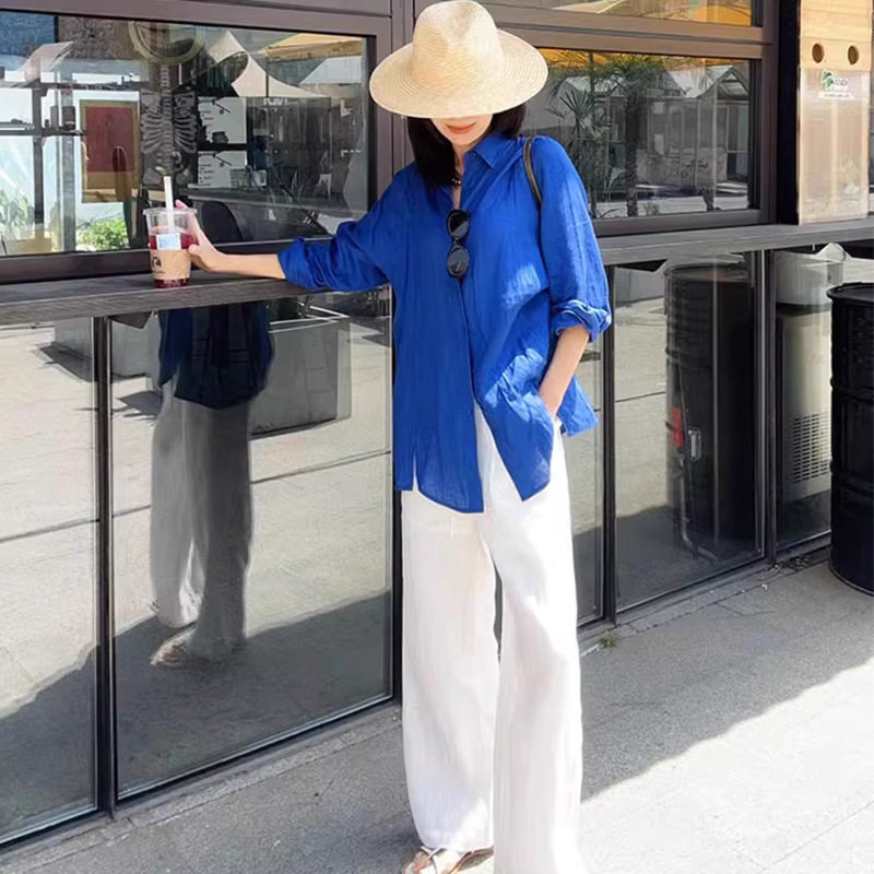 LSD法式复古防晒克莱因蓝长袖衬衫宽松显瘦亚麻时尚出片神器