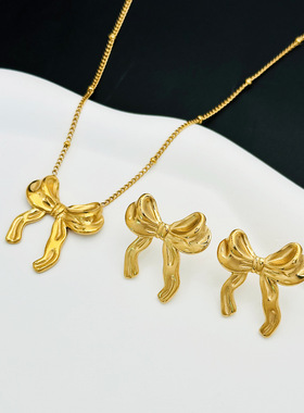英国chrry koop18k蝴蝶结首饰金色套装蝴蝶结吊坠耳环项链女