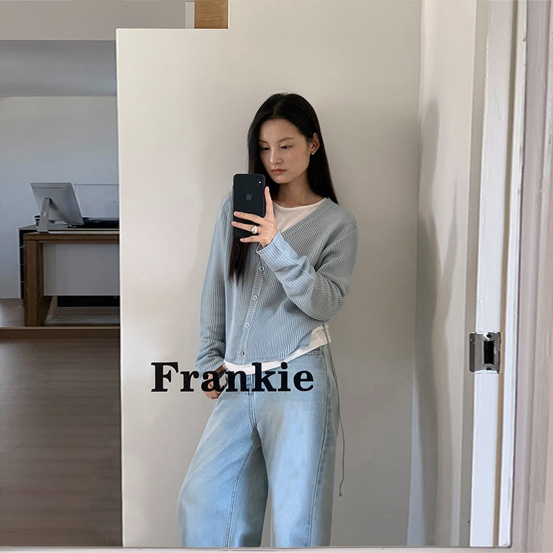 英国cherrykoko 小众纯色螺纹单排扣针织衫女春秋后系带设计上衣