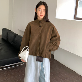 英国cherrykoko 秋日复古时髦麂皮绒夹克外套女排扣阔形立领上衣