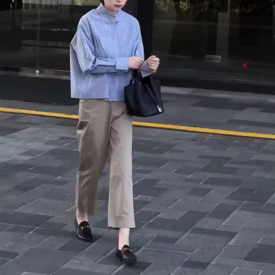 英国chrry koop春季新洋气减龄长袖蓝条纹衬衫休闲九分裤女