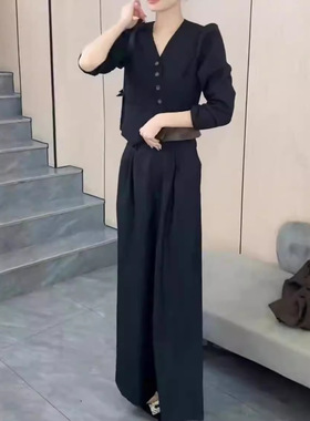 英国chrry koop秋季新款时尚高端拼接v领上衣阔腿裤两件套女