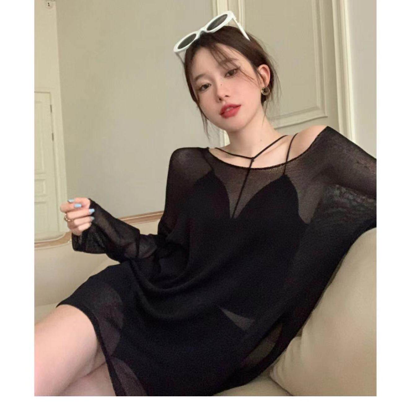 港味吊带外搭防晒衣罩衫夏季薄款针织衫女T恤中长款冰丝网纱上衣