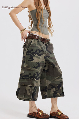 13311美式复古迷彩七分裤女2025夏季宽松阔腿工装短裤休闲中裤