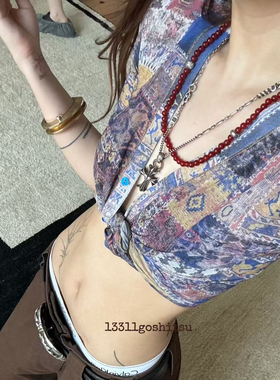 13311复古油画印花网纱长款防晒开衫外套修身小众设计感女