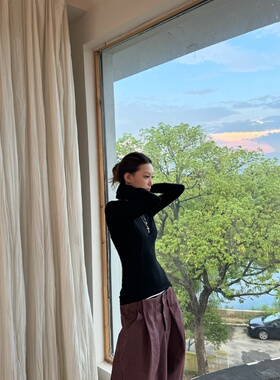 13311原创修身显瘦针织打底衫拼接显瘦黑色天丝上衣女秋冬新品