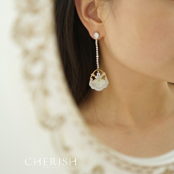 cherish 团扇耳环 游园系列轻奢礼品 银镀铑镶嵌贝母锆石橄榄石
