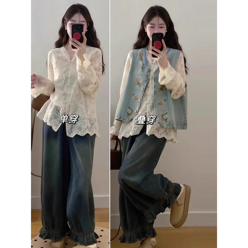 MEGAN春装搭配一整套大码胖气质显瘦衬衫叠穿马甲牛仔裤三件套女