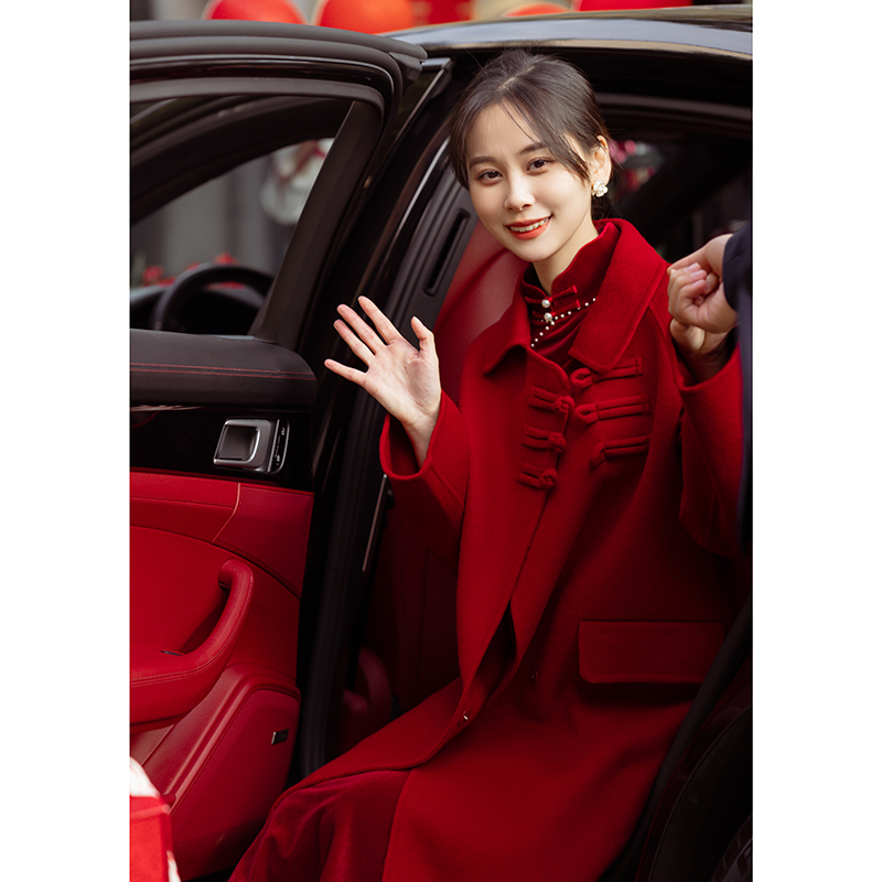 红色羊毛双面大衣新娘女毛呢