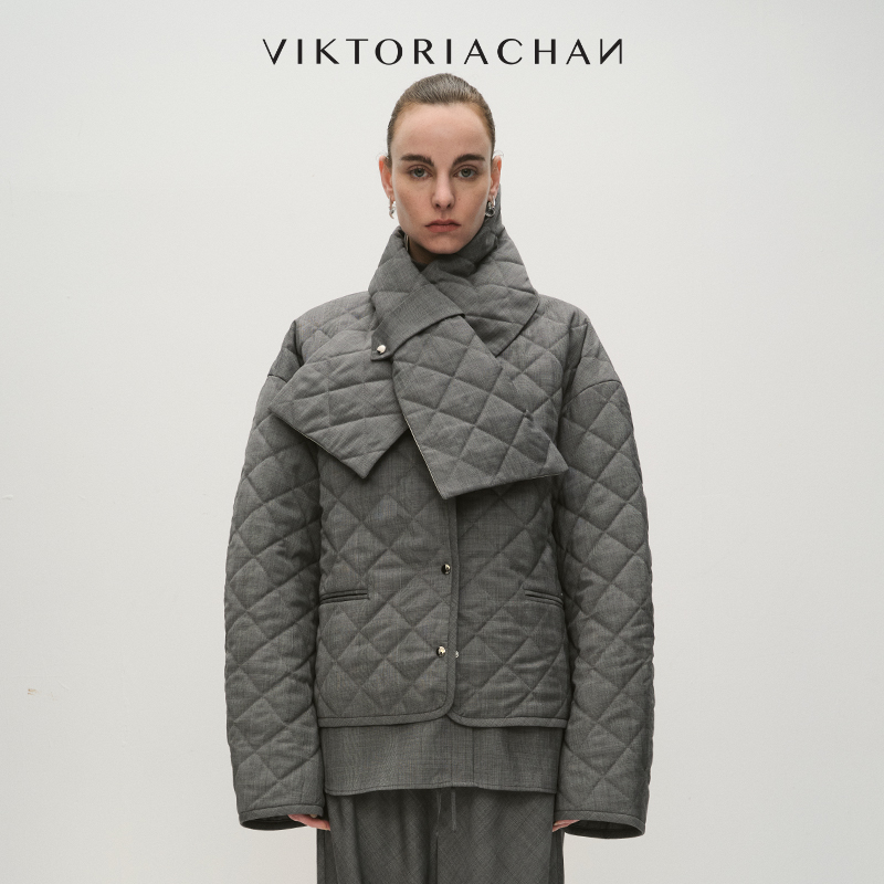 配套围巾单排扣菱格棉服外套