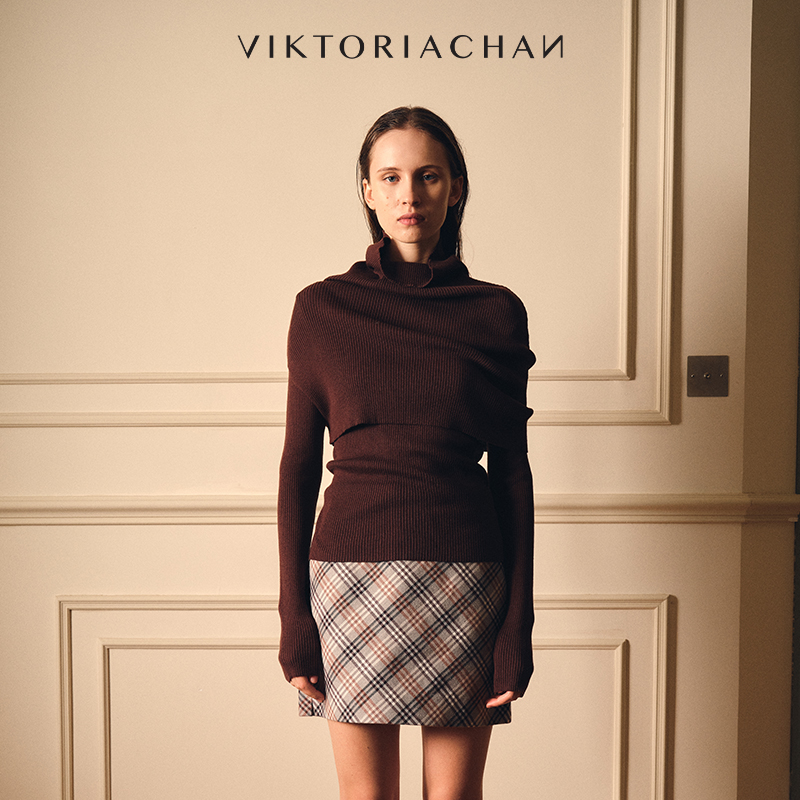 套头式高领短披肩针织长袖两件套