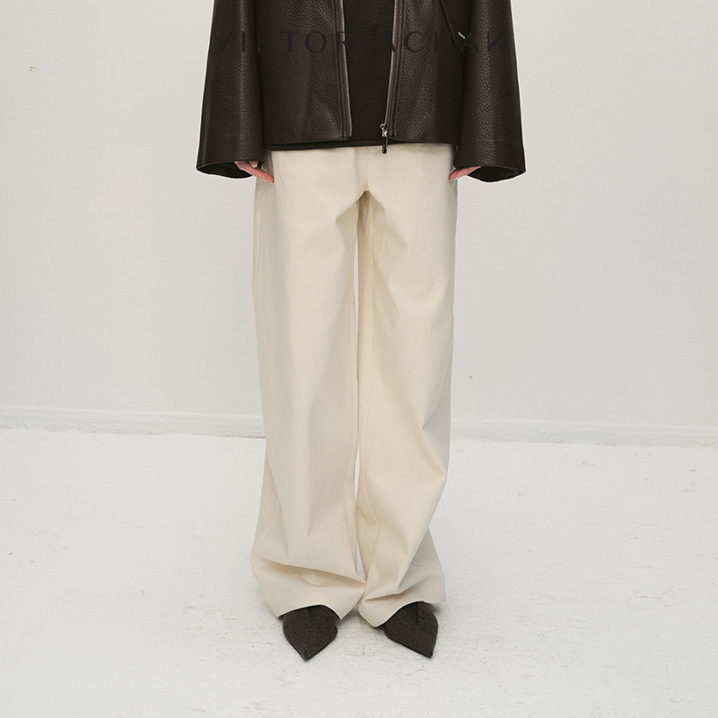 一粒扣休闲棉质阔腿牛仔长裤