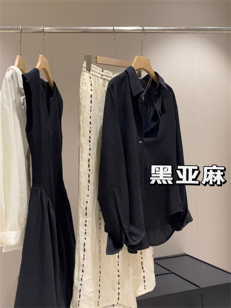 W MASK 2025黑亚麻新款韩版宽松显瘦百搭翻领长袖衬衫女小众上衣
