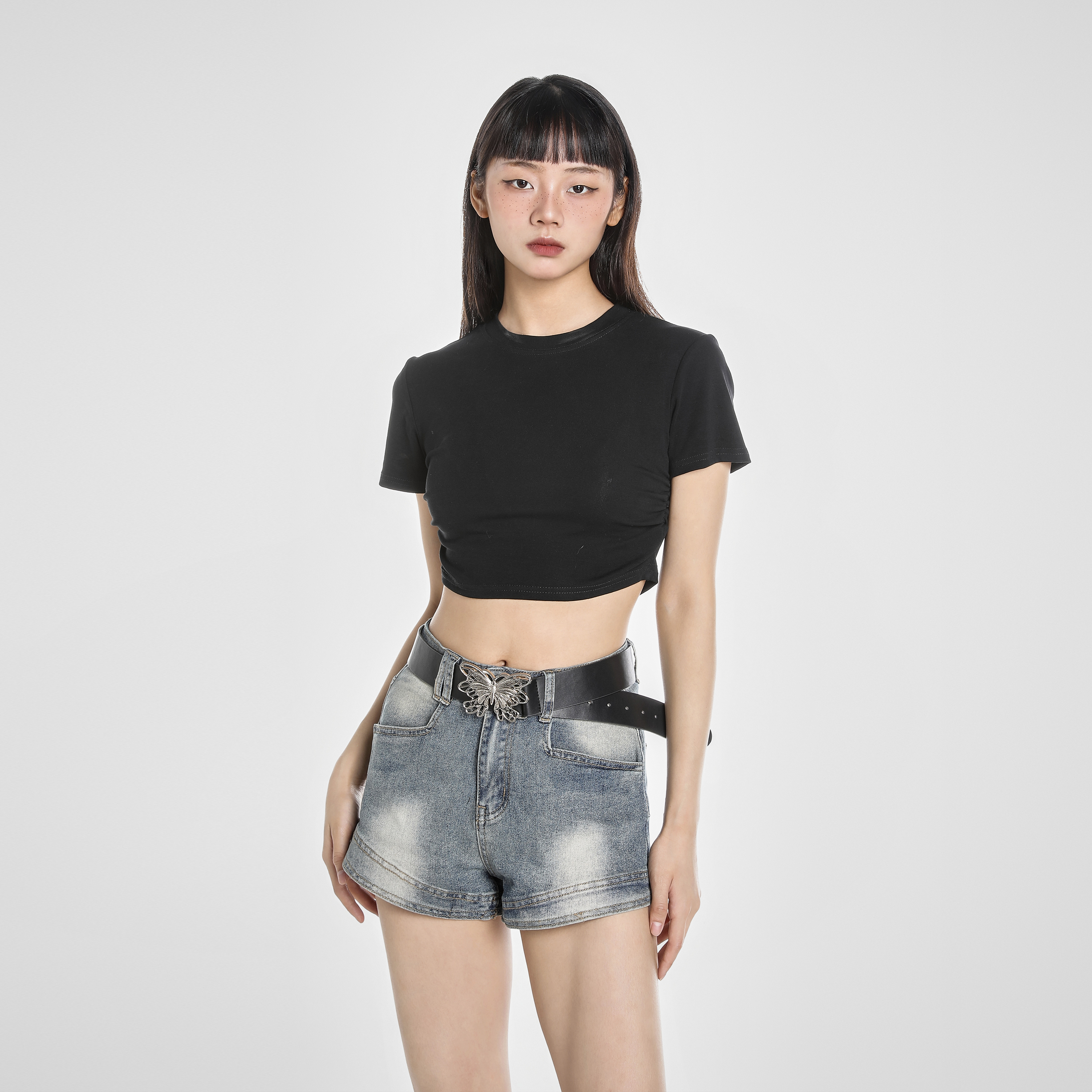 GTLA 纯色方领短款短袖T恤 女款 黑色