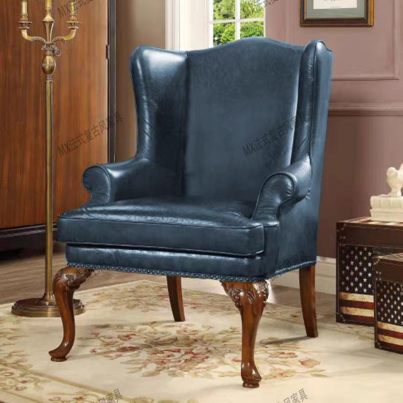 美式经典老虎椅复古风油蜡真皮民宿高靠背单椅中古雪茄吧洽谈椅