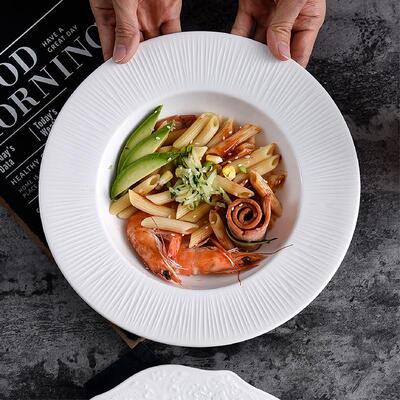 纯白浮雕陶瓷子意面盘沙拉釉下彩餐盘具酒店盘餐厅西餐深汤ALG盘