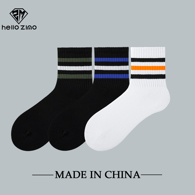 HELLO ZIMO条纹男袜中筒袜子高帮薄冬季款ins潮百搭纯棉学生长袜