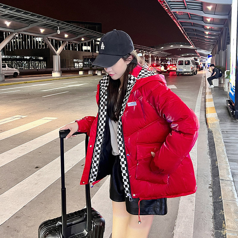 羽绒棉服女短款2025年秋冬新款棋盘格子亮面宽松加厚棉袄红色外套,女装/女士精品,棉衣/棉服,淘宝优惠券,粉丝福利购,淘宝优惠卷