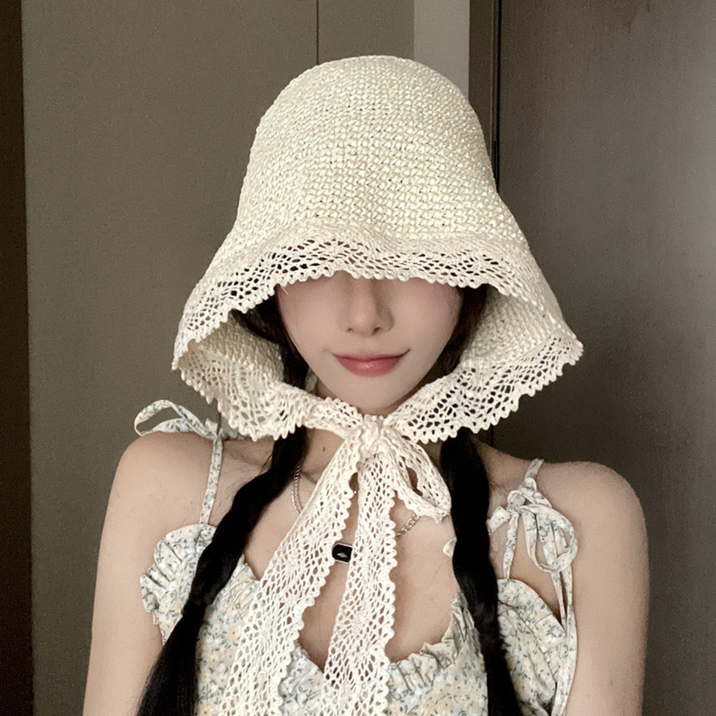 夏季海边遮阳帽可折叠太阳帽法式蕾丝花边草帽大帽檐飘带渔夫帽