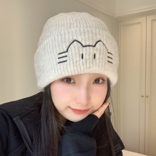 加厚针织帽可爱小猫毛线帽子女冬季新款显脸小保暖护耳休闲帽冷帽