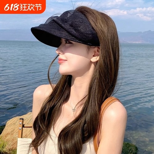 夏季遮阳防晒帽女新款网纱帽子褶皱黑色空顶帽出游发箍太阳帽时尚