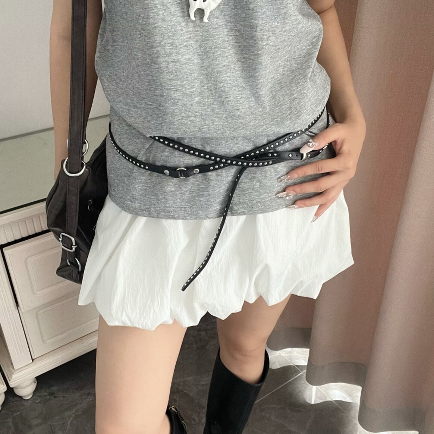 小众设计甜酷辣妹铆钉双层腰带PU皮革腰间皮带裤子连衣裙配饰带