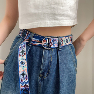 饰裤 皮带女免打孔双环扣帆布百搭腰带ins风夏季 装 潮流个性 带 时尚