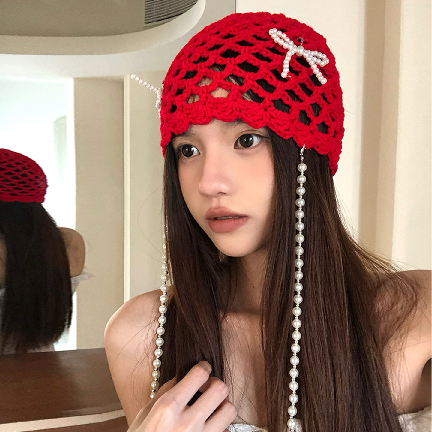 红色针织帽韩系珍珠蝴蝶结包头帽女复古镂空套头帽大头围显脸小