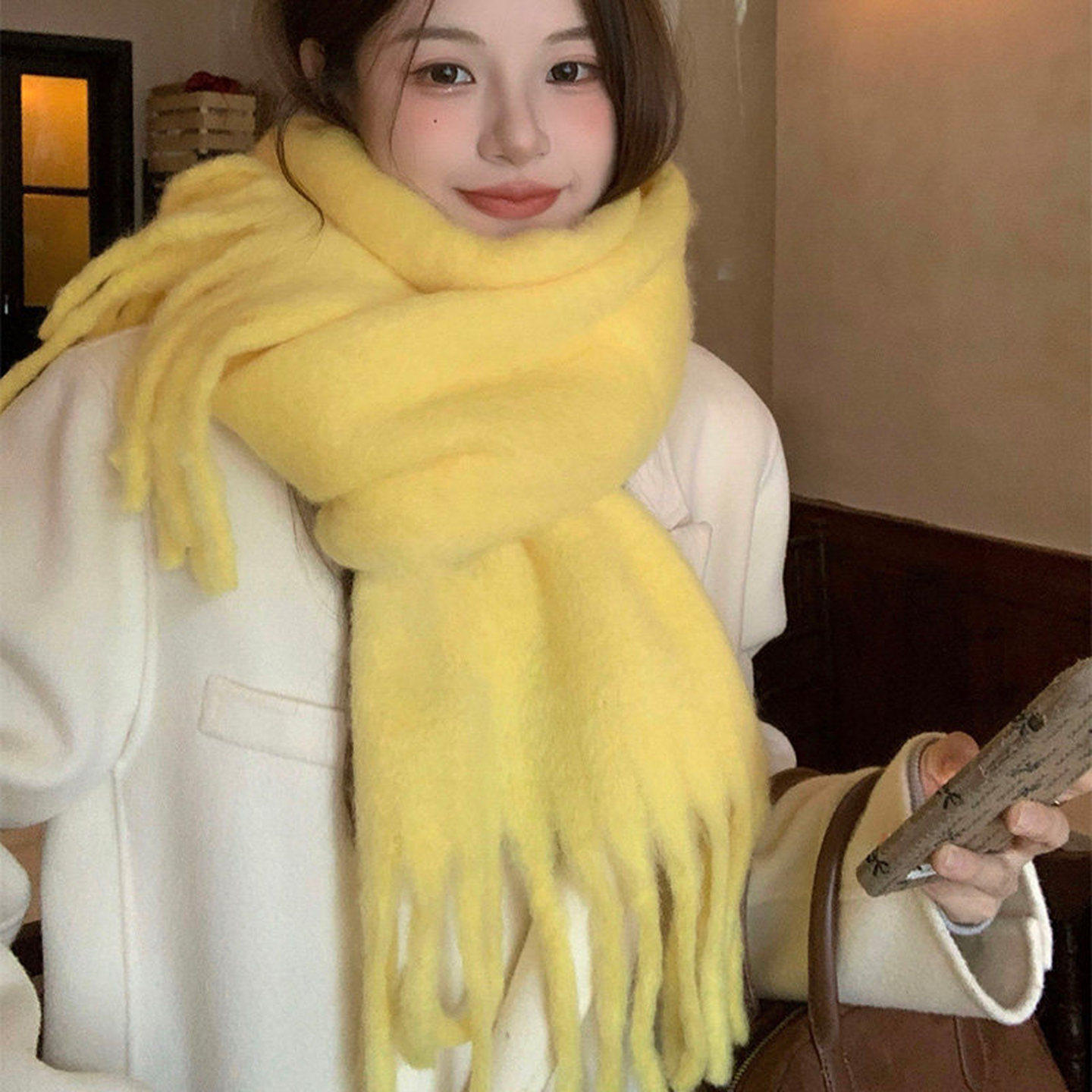 黄色软糯针织毛线大围巾女冬季韩系氛围感加厚保暖护颈围脖披肩冬