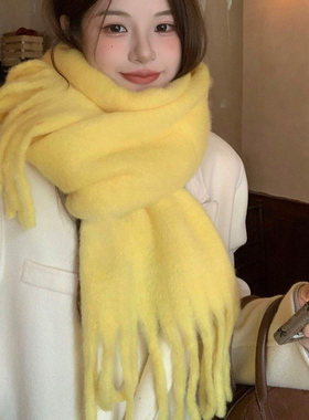 黄色软糯针织毛线大围巾女冬季韩系氛围感加厚保暖护颈围脖披肩冬