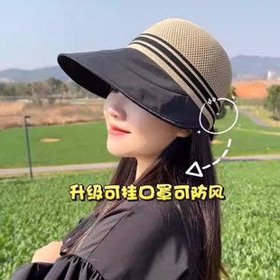 夏季新款镂空透气渔夫帽女可挂口罩户外遮阳防晒扎马尾时尚鸭舌帽