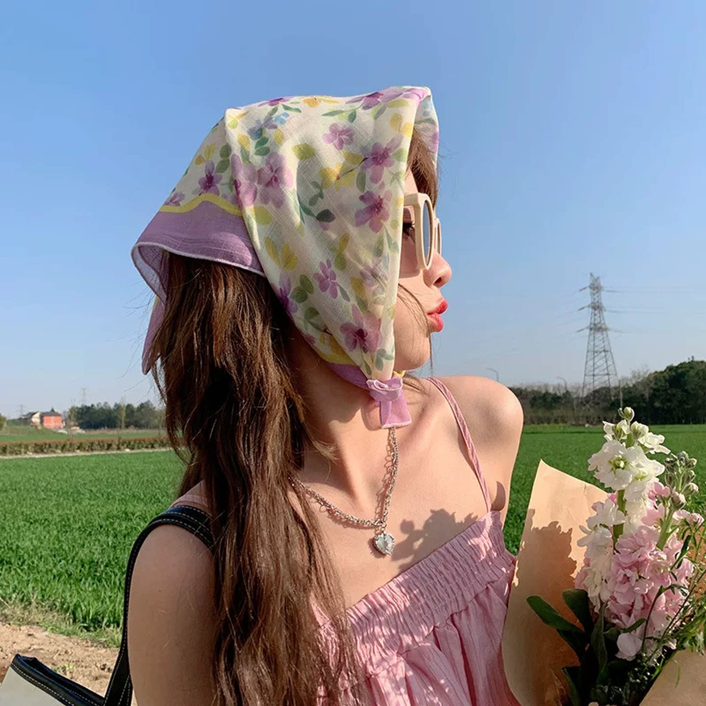 头巾夏季薄款棉质小方巾清新透气女柔软文艺装饰小丝巾百搭碎花